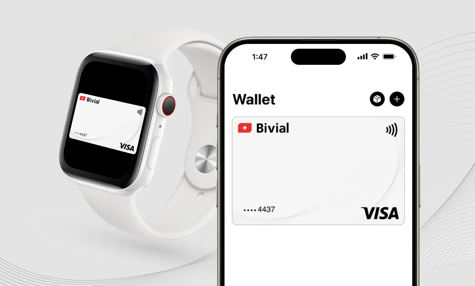 Bivial payment card displayed in a phone and watch digital wallet