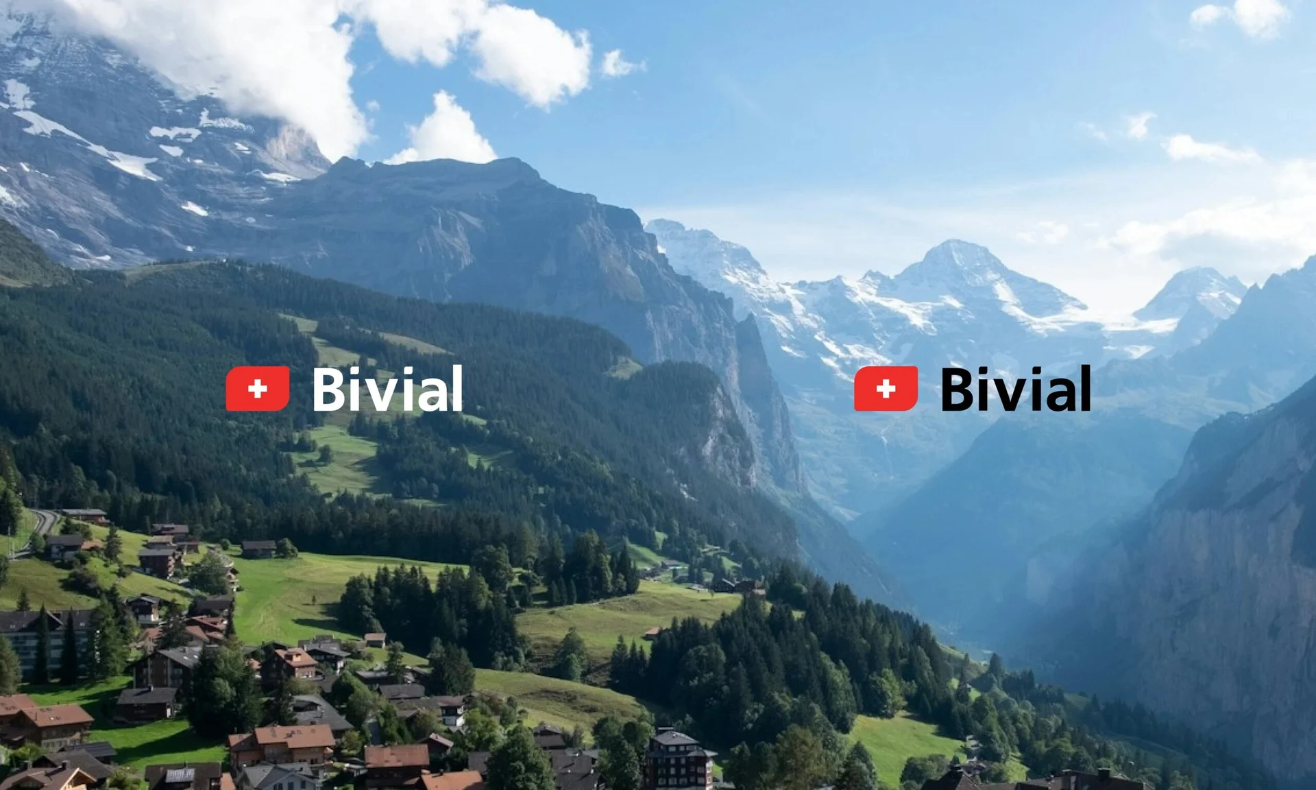 Bivial wordmark over a Swiss Alpine landscape, with dark and light variants