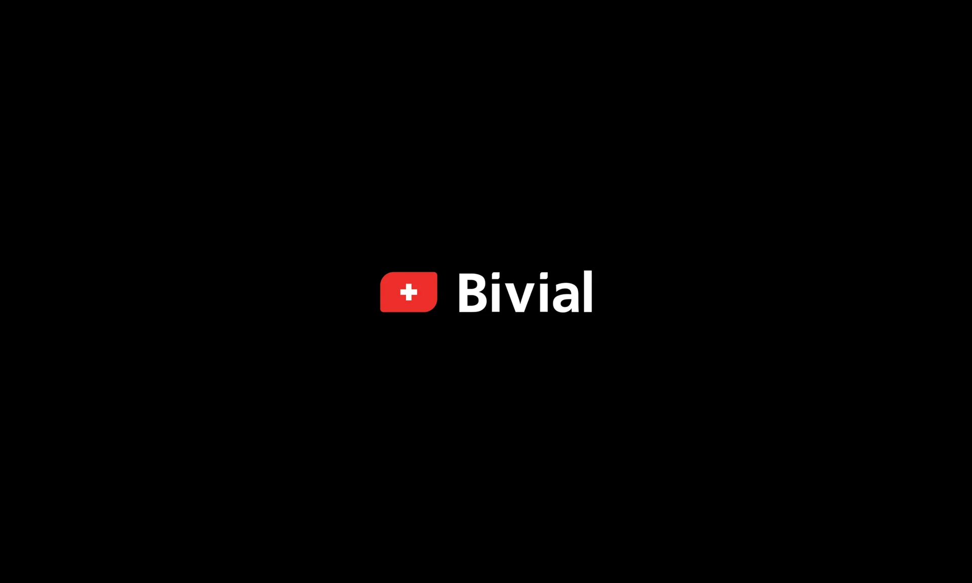 White Bivial wordmark with a red Swiss cross on black