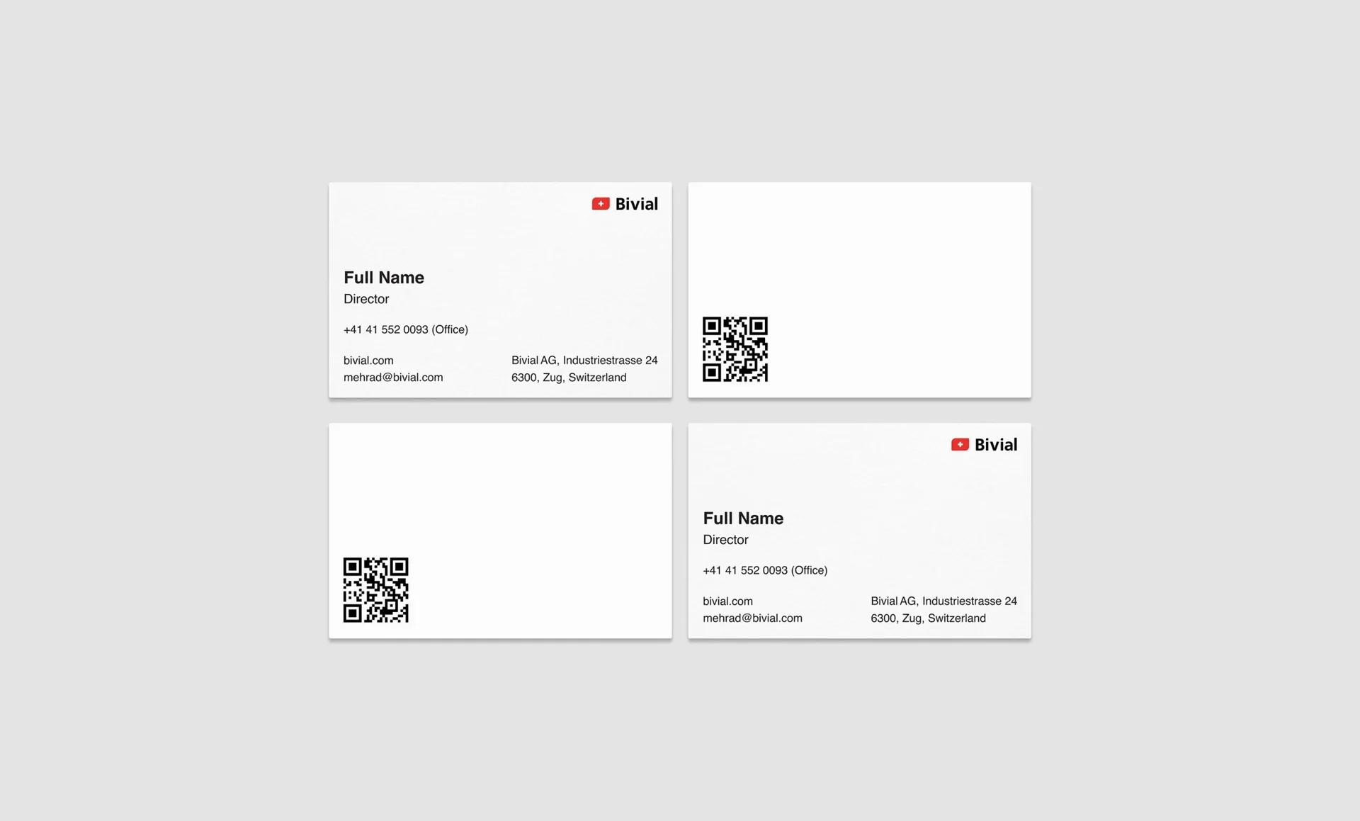 Bivial white business cards with red accents and structured contact details