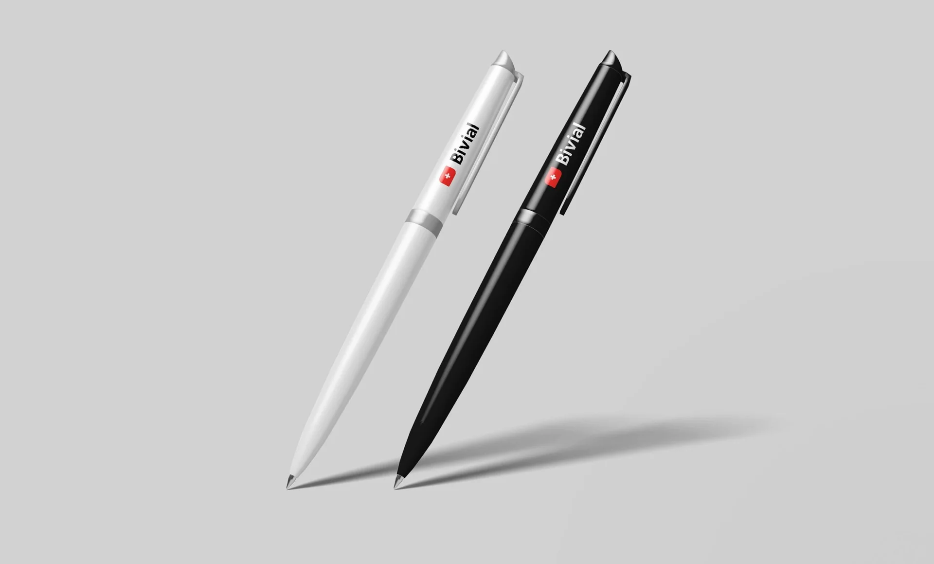 Black and white Bivial branded pens