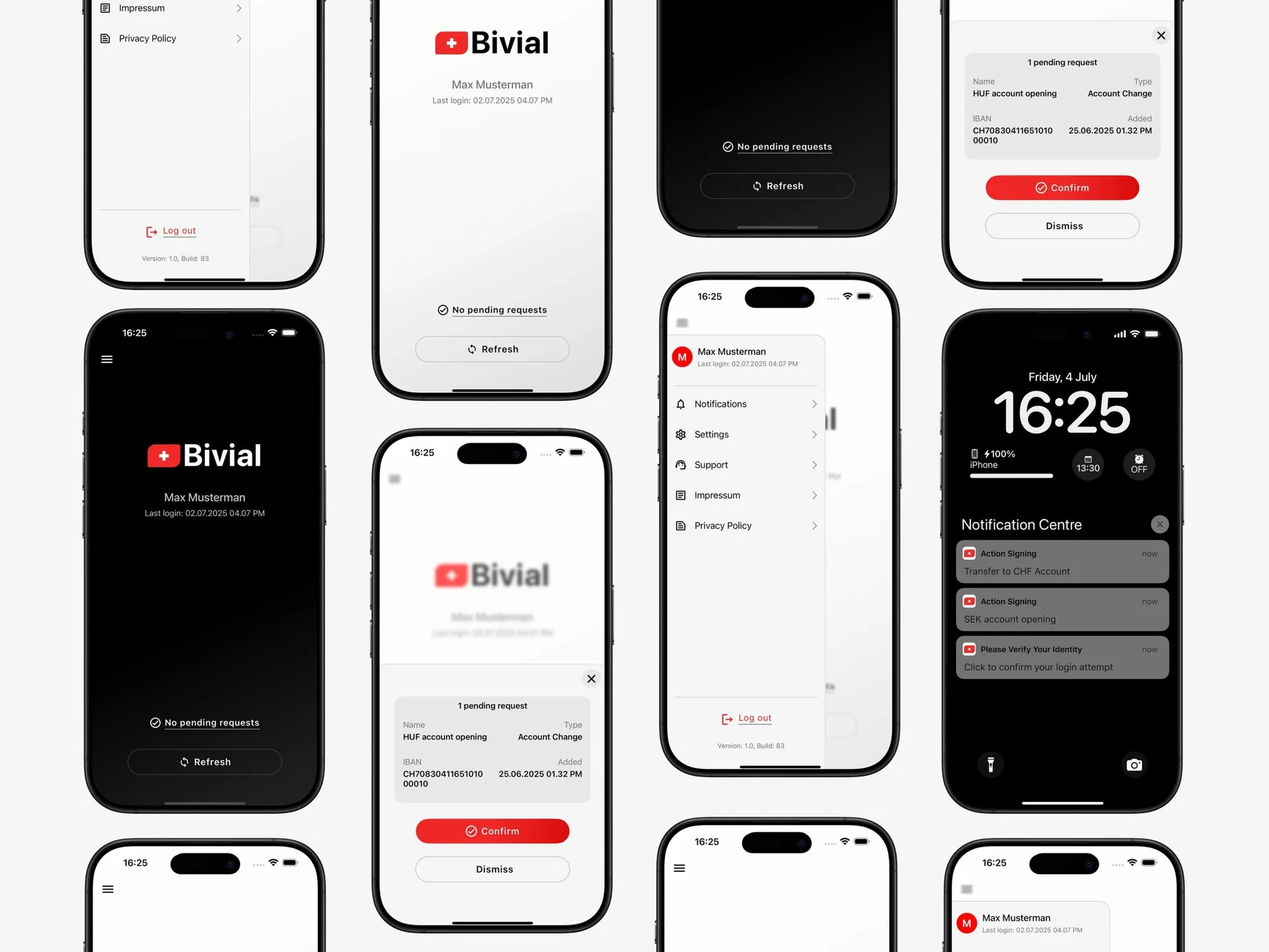 Bivial mobile interface screens in a clear black, white and red system