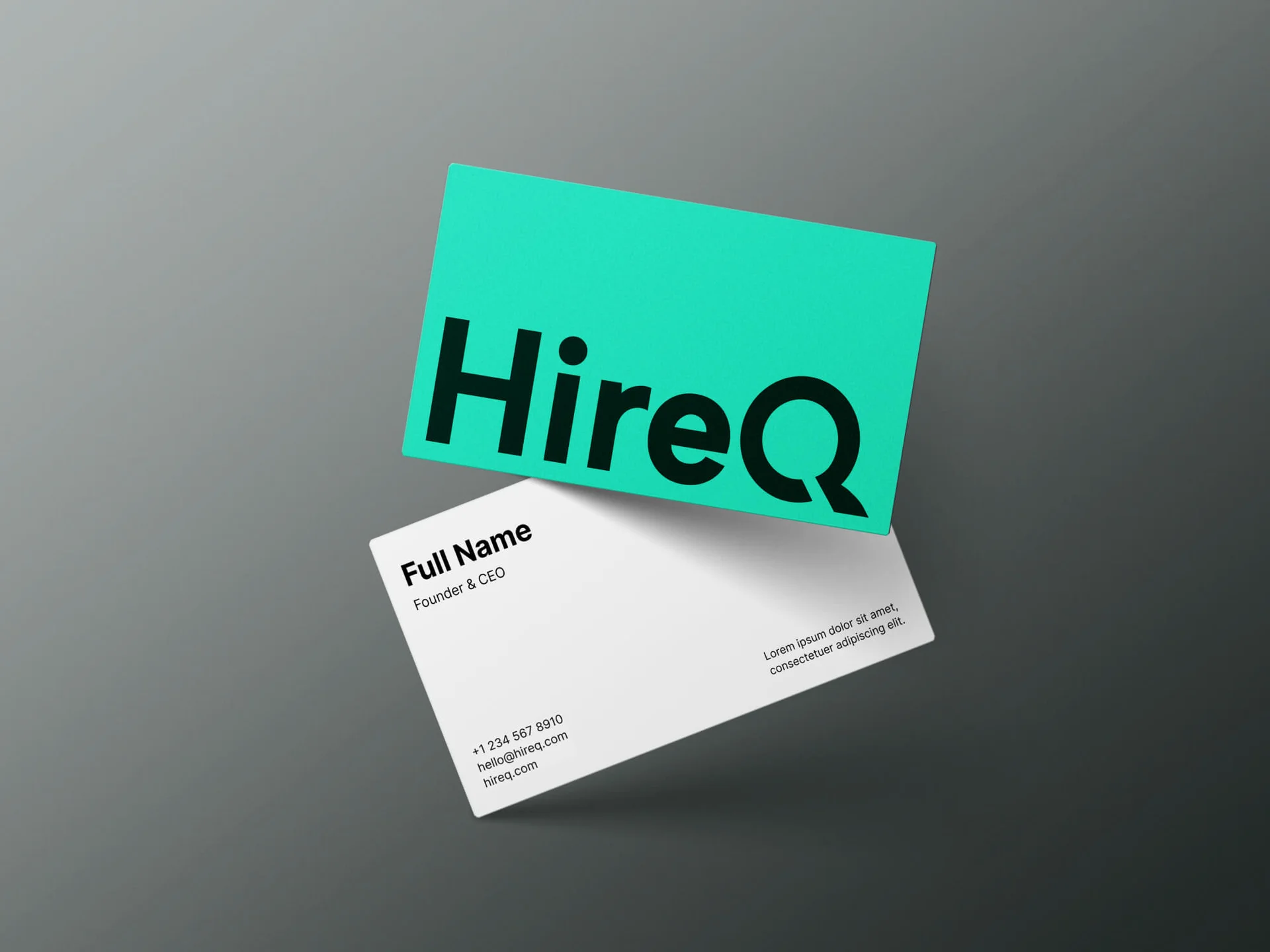 HireQ mint and white business card identity applications