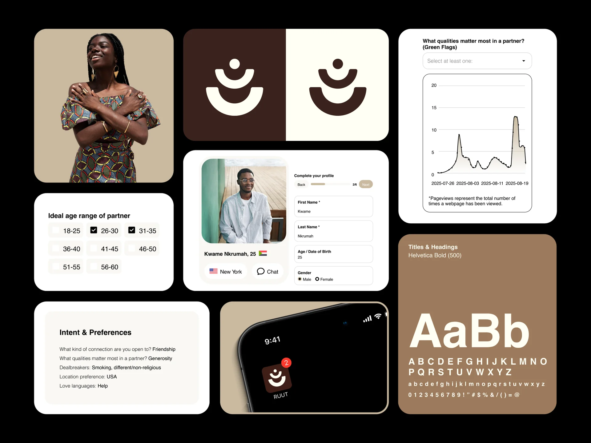 RUUT identity and product system, including profile, onboarding and preference screens