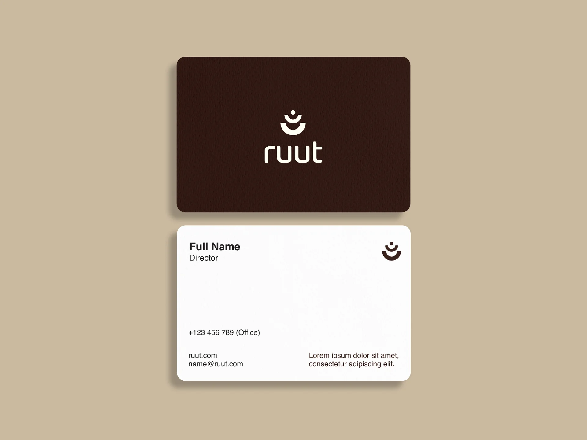 RUUT business cards in its warm brown and cream identity